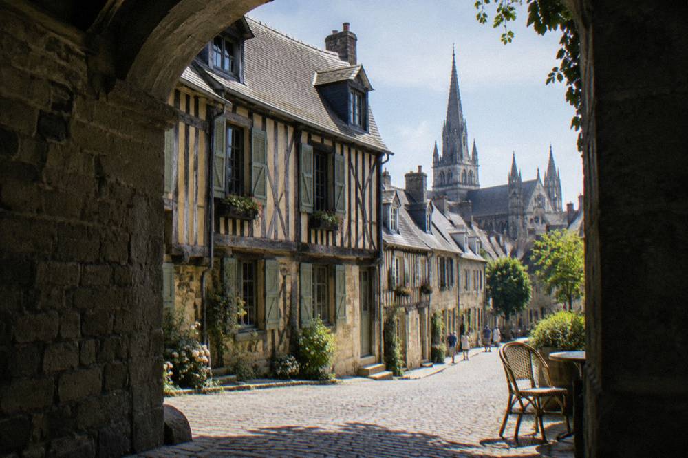Timber-framed houses along a sunlit cobbled street in Bayeux seen from a stone archway